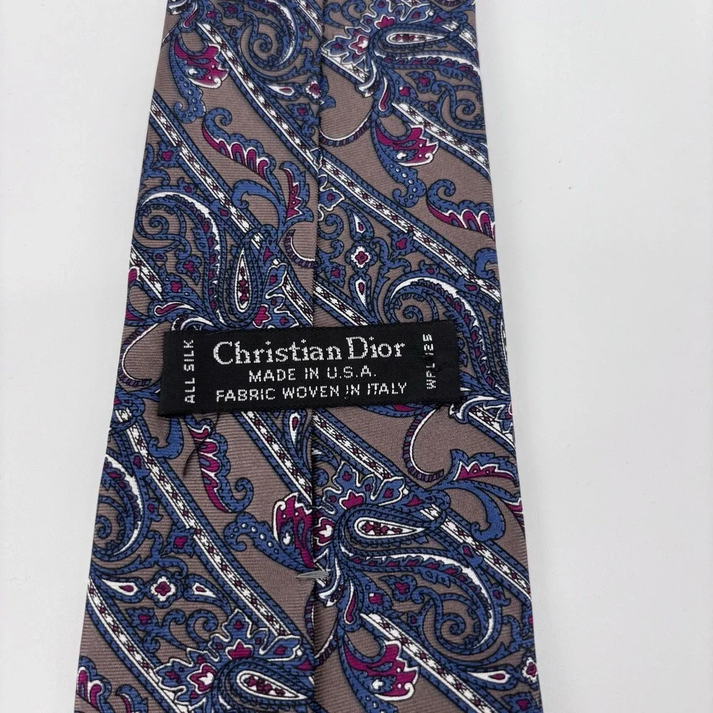 Christian Dior Vintage Silk Paisley Foulard Necktie Mens OS Brown Blue Italian